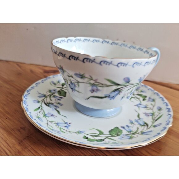 Shelley Harebell Pattern Oleander Blue & Green Henley Shaped Tea Cup and Saucer - Picture 4 of 12